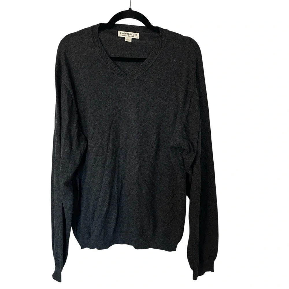 Pronto-Uomo Cotton Cashmere Men’s Long Sleeve Gray V-Neck Sweater Size XL GUC
